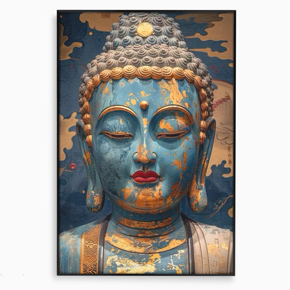 Tablou canvas cu tablou canvas cu chipul lui buddha, in rama de aluminiu negru
